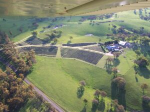 Aerial view of Aloomba Lavender farm among green hills