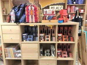 Shelves of Aboriginal-design gifts, teas and accessories at Gallery 299