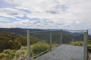 Steel viewing platform overlooking the forested gorge near Four Bull Hut