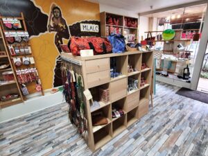 Gift shop interior with Aboriginal-design bags and homewares at Gallery 299