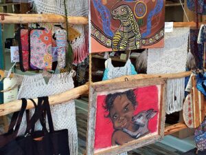 Aboriginal art, printed bags and painted portraits displayed at Gallery 299