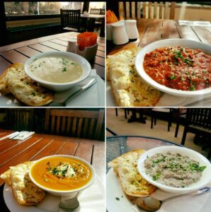 Selection of soups with toasted sourdough at The Courtyard Cafe