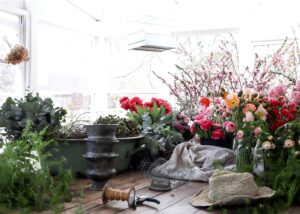 Bathtub of fresh flowers in the conservatory at White Cottage Flower Farm