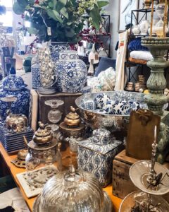 Blue and white ginger jars and silver pieces at Ruben & Flax Homewares