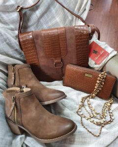 Tan ankle boots, handbag, wallet and gold jewellery from Sherelle Fashions