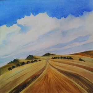 Watercolour of a golden rural landscape by Anni Washington at the Artists' Collective Studio Gallery