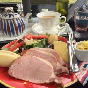 Ploughman's lunch with ham and pot of tea at The Bohemian Tearoom