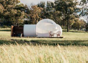 Mirumiru bubbletent glamping dome on open grassland near Tenterfield