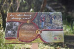 Old-time playground interpretive sign at Currys Gap State Conservation Area