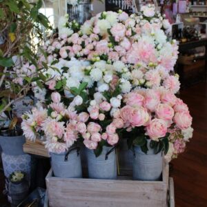 Buckets of silk roses and peonies at The Corner Life & Style