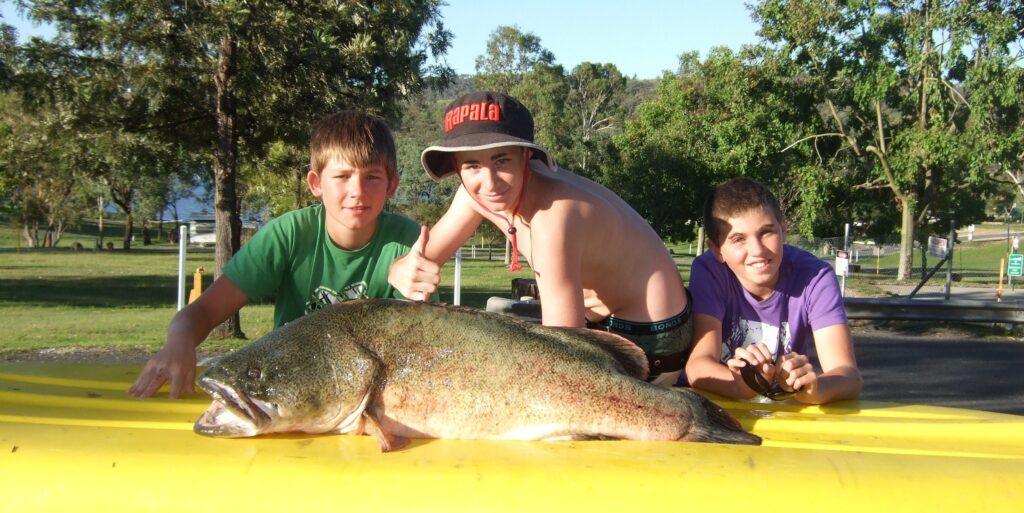 Two anglers posing with a large Murray cod at Glenlyon Dam Tourist Park