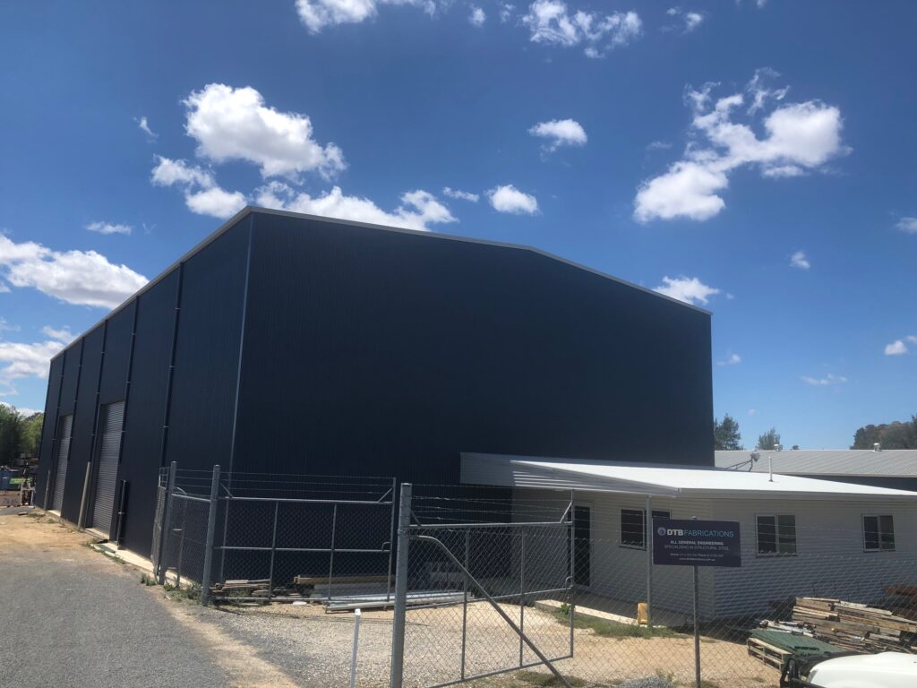 Large black steel shed fabricated by DTB Fabrications in Tenterfield