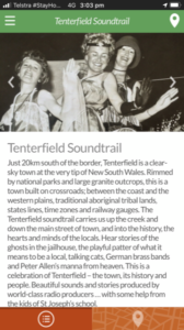 Tenterfield Soundtrail app screen introducing the town's audio story
