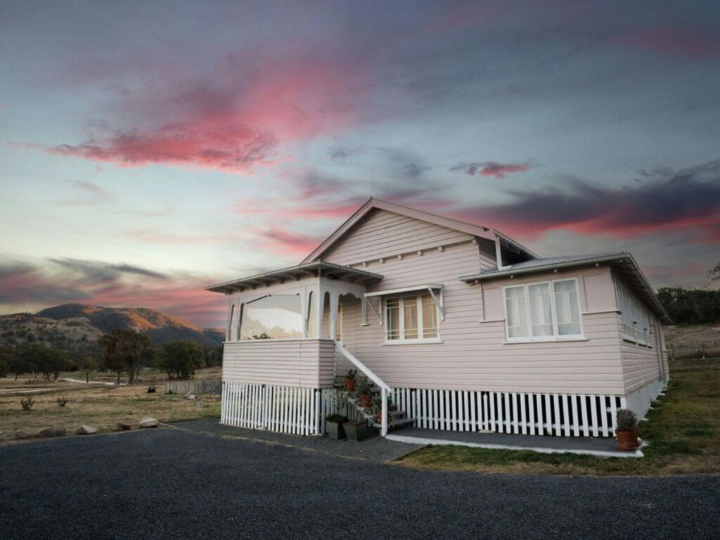 Sunday at Mirumiru farmhouse under a pastel sunrise sky