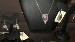 Handcrafted silver jewellery by Pam Docherty on display stands