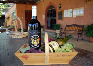 Gift basket of Reedy Creek Estate wines and grapes at the cellar door