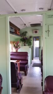 Interior of a preserved train carriage at Tenterfield Railway Museum