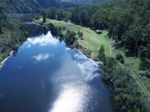 Aerial view of the Clarence River winding past the wilderness lodge grounds