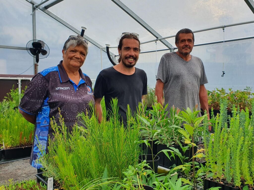 Helen, Matt and Mick with seedlings in the Moombahlene Local Aboriginal Land Council nursery