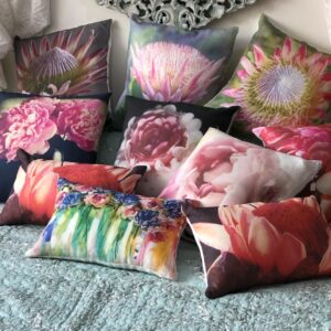 Protea and floral print cushions at Margot Rees Antiques