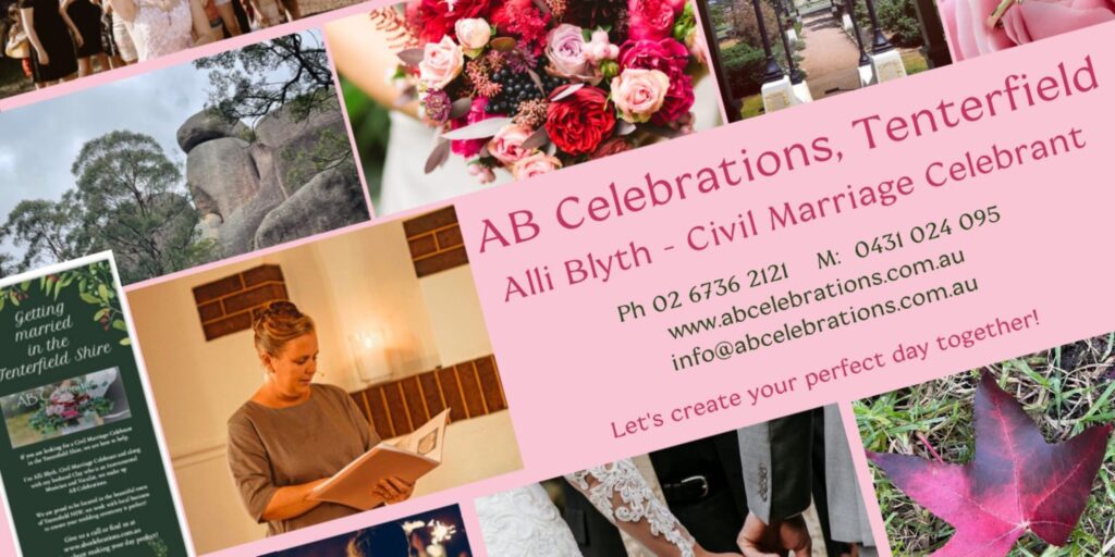 AB Celebrations collage of wedding flowers and celebrant services in Tenterfield