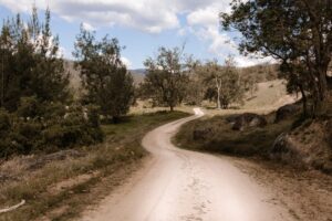 Country dirt road winding through the hills on the Rocky River and Drake overnighter