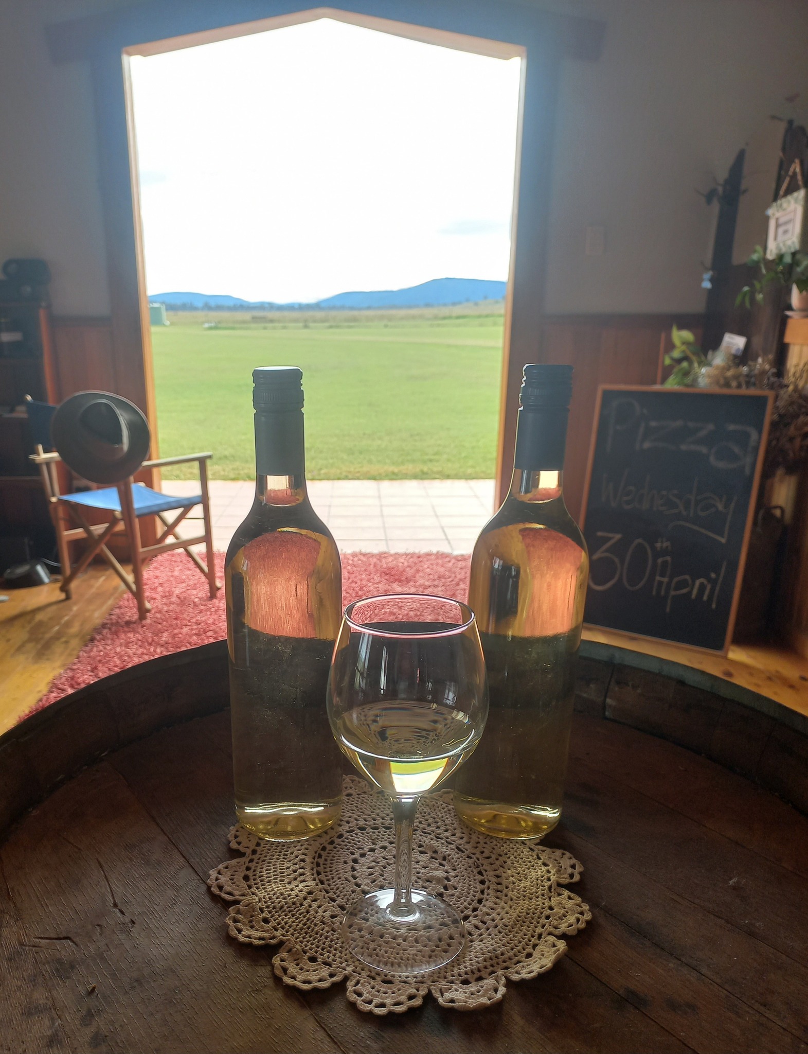Wine tasting set up on a barrel at a Mingoola cellar door