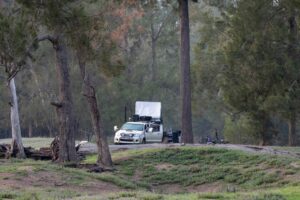 Camper trailer set up among the gums at Wunglebung Campground, photo by Peter Hardin