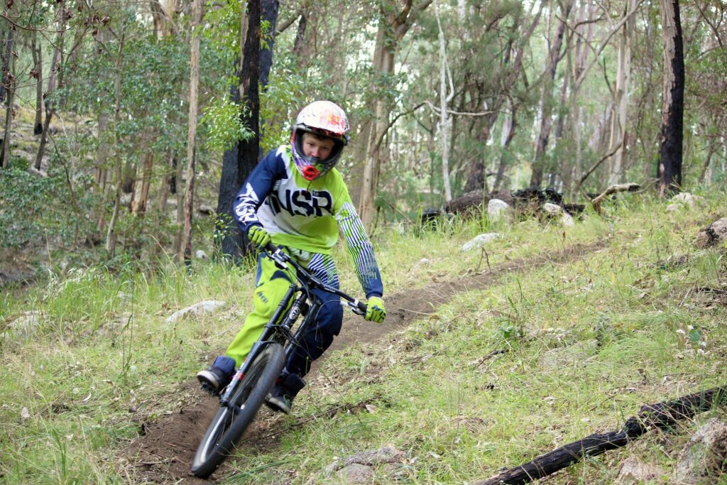 Mountain biker riding a forest trail in the Border Mountains