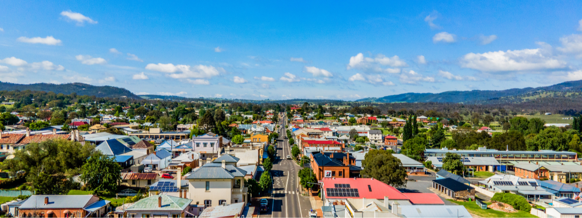 Aerial view over the rooftops and main street of Tenterfield