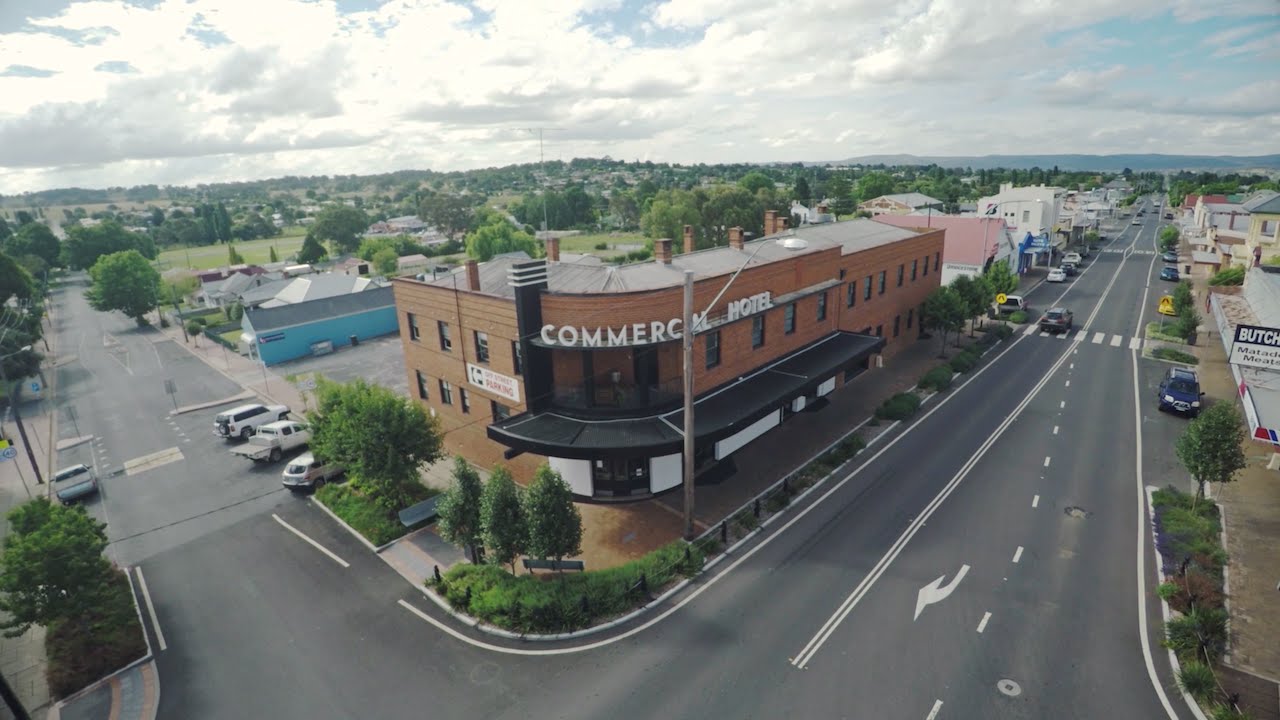 Aerial view of The Commercial Boutique Hotel on Tenterfield's main street
